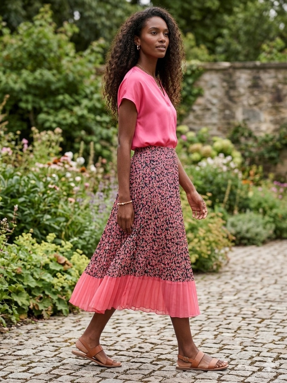 WD.NY Floral Pleated Midi Skirt Pink Black Lightweight NWT Size L